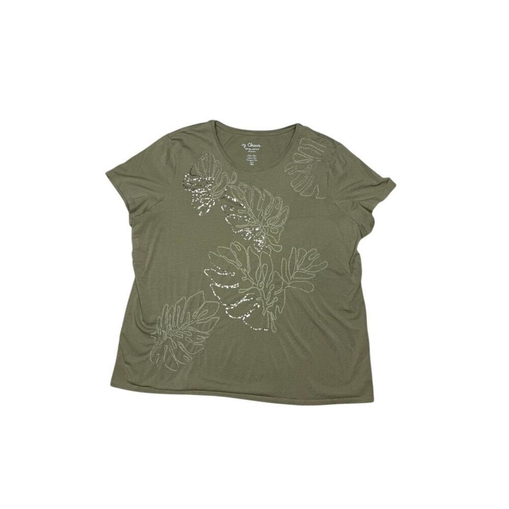 Chico's Olive Green Sequin Embellished Tropical Leaf Shirt Tee Size XL
